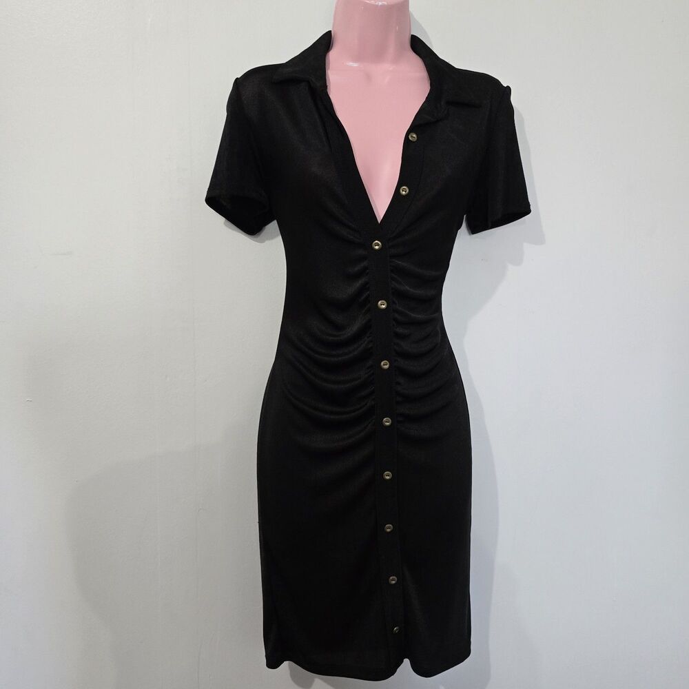 Popular 21 - Size L - Dress - Full Button Up Midi Collared Bodycon - Black